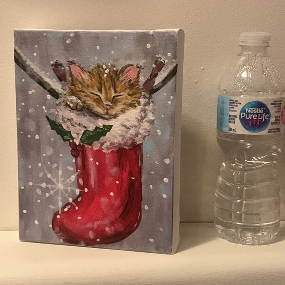 Christmas kitten original painting hand made - Picture 1 of 10